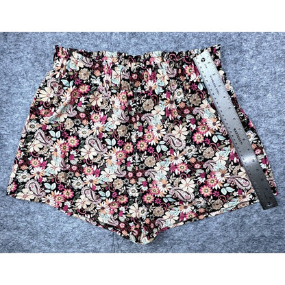 Skue Women Short Sz L Paperbag Black Short Floral Print High Rise