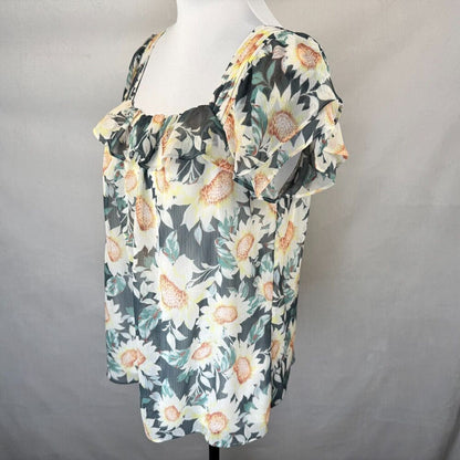 LC Lauren Conrad Women Sz S Sheer Square Ruffle Neck Pleated Sunflower Print