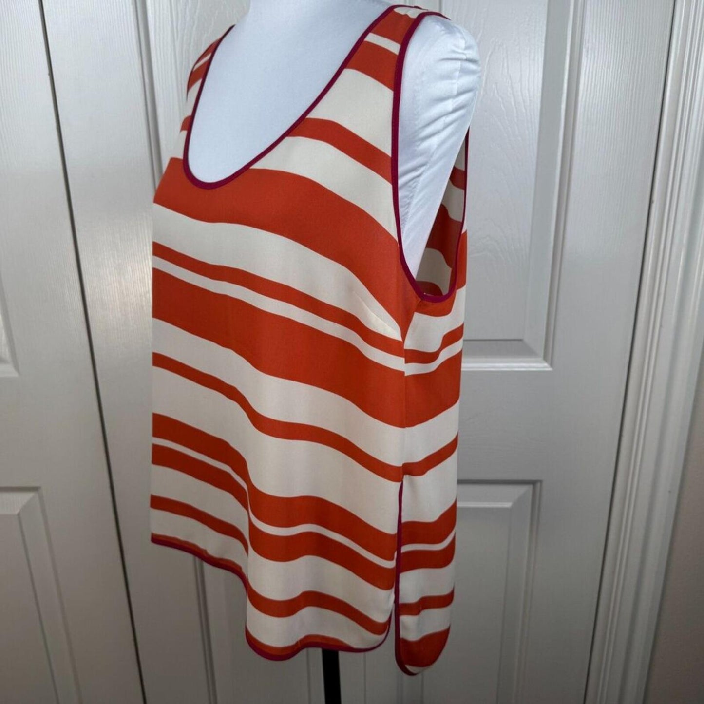 Wyatt Women Top Sz L Sheer Ivory Rust Striped Sleeveless Fucsia Trim Scoop Neck