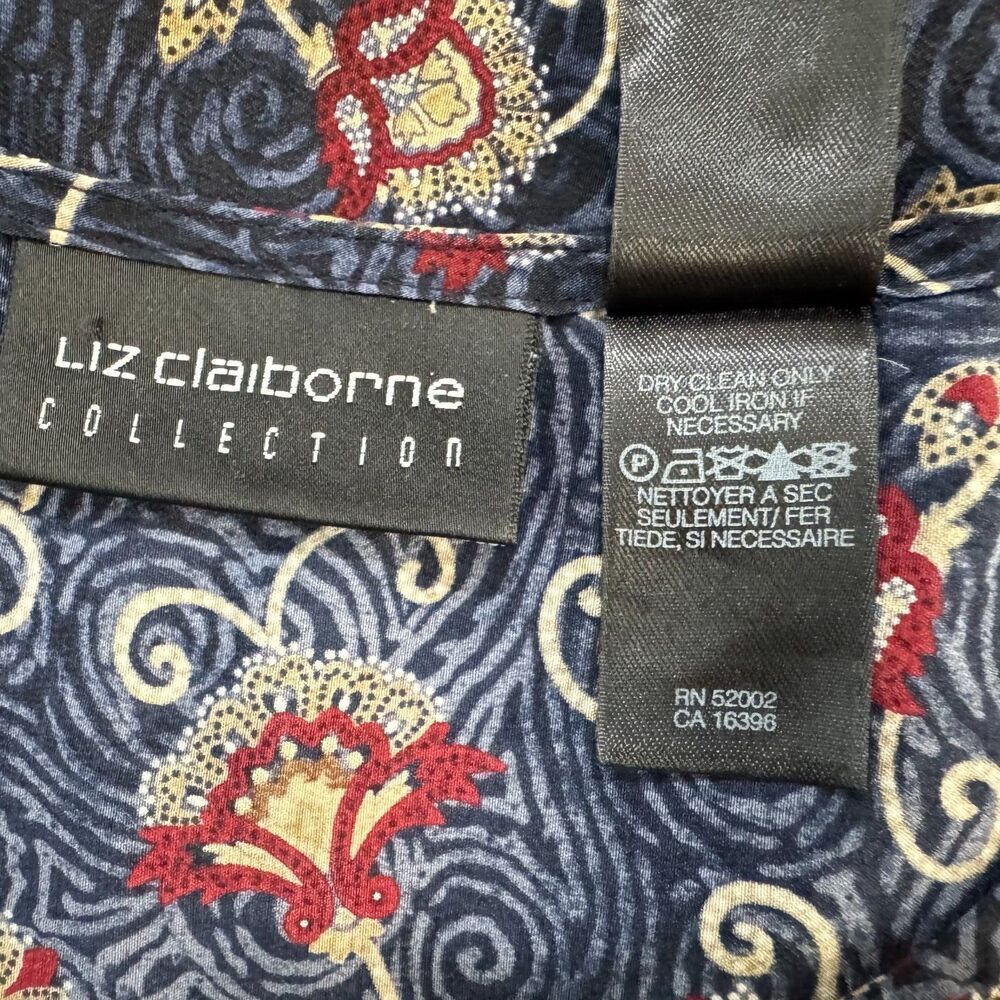 Liz Claiborne Women Sz 8 Silk Scoop Neck Black Blue Floral Print Short Sleeve