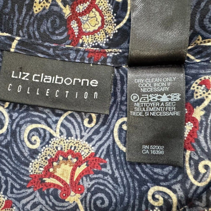 Liz Claiborne Women Sz 8 Silk Scoop Neck Black Blue Floral Print Short Sleeve