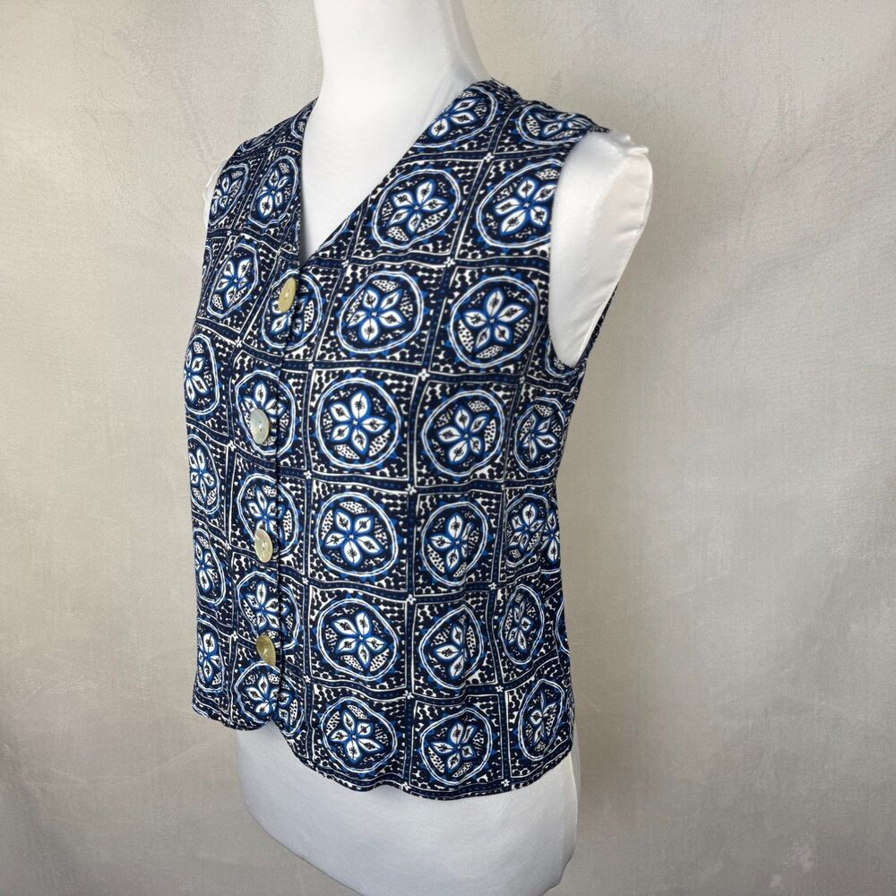 Sigrid Olsen Women Crop Top Sz S Black Blue Button Down VNeck Sleeveless