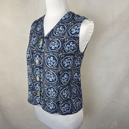 Sigrid Olsen Women Crop Top Sz S Black Blue Button Down VNeck Sleeveless