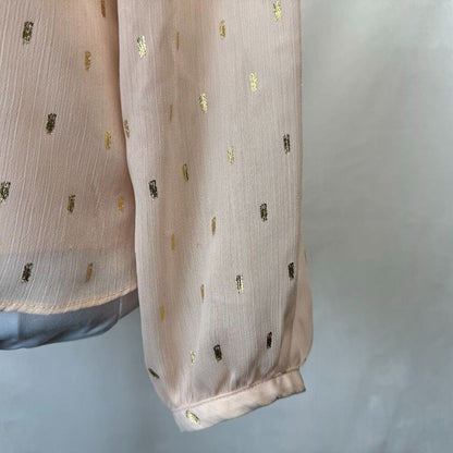 Nine West Sheer Blouse Sz S Peach Foil Gold Speck Chiffon Keyhole Long Sleeve