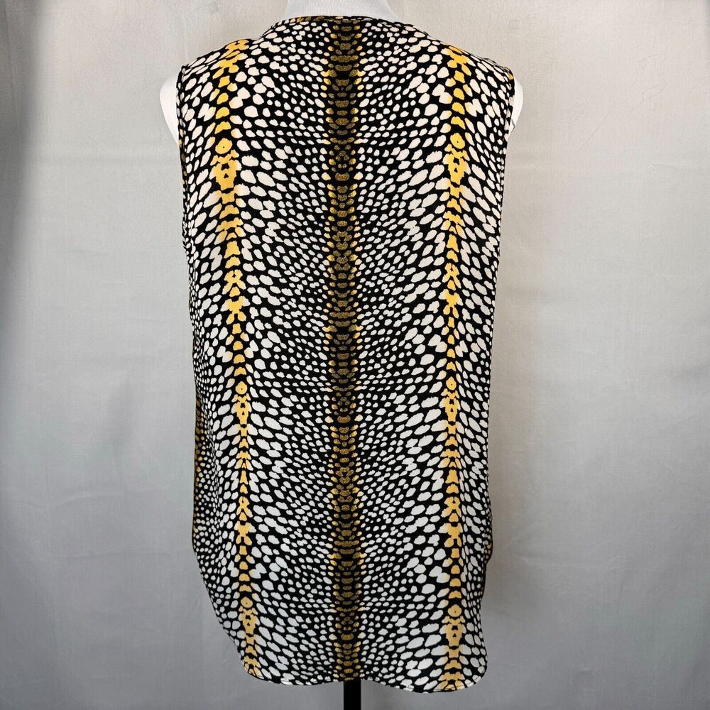 Chaus New York Top Sz M Yellow Black White Safari Front Zip V-Neck Sleeveless