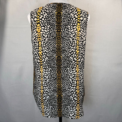 Chaus New York Top Sz M Yellow Black White Safari Front Zip V-Neck Sleeveless