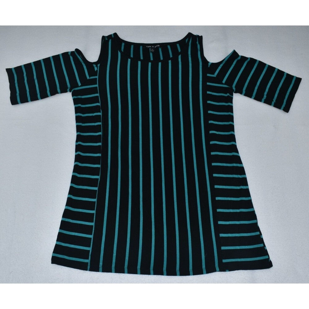 A women's short-sleeve top with a cold-shoulder cutout and vertical stripes, featuring a black base with teal stripes on the sides and a solid black center panel.