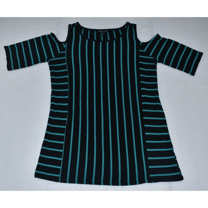 A women's short-sleeve top with a cold-shoulder cutout and vertical stripes, featuring a black base with teal stripes on the sides and a solid black center panel.