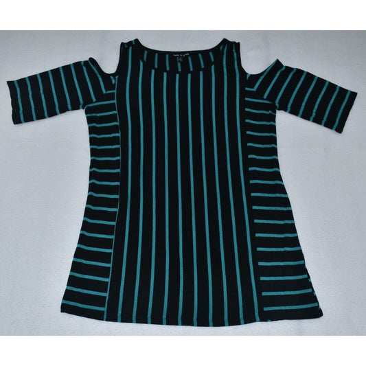 A women's short-sleeve top with a cold-shoulder cutout and vertical stripes, featuring a black base with teal stripes on the sides and a solid black center panel.