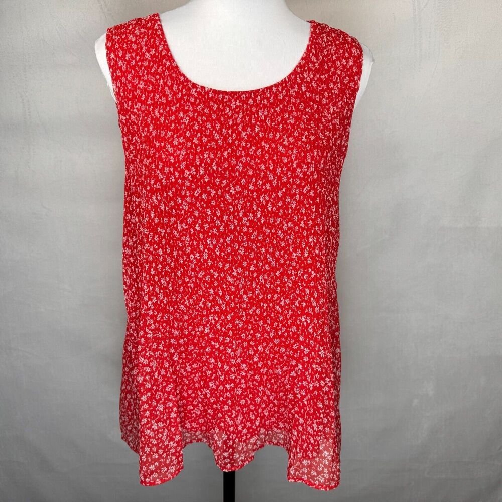 Pleione Ladies Top Sz S Accordion Swing Red White Flowers Sleeveless Lined