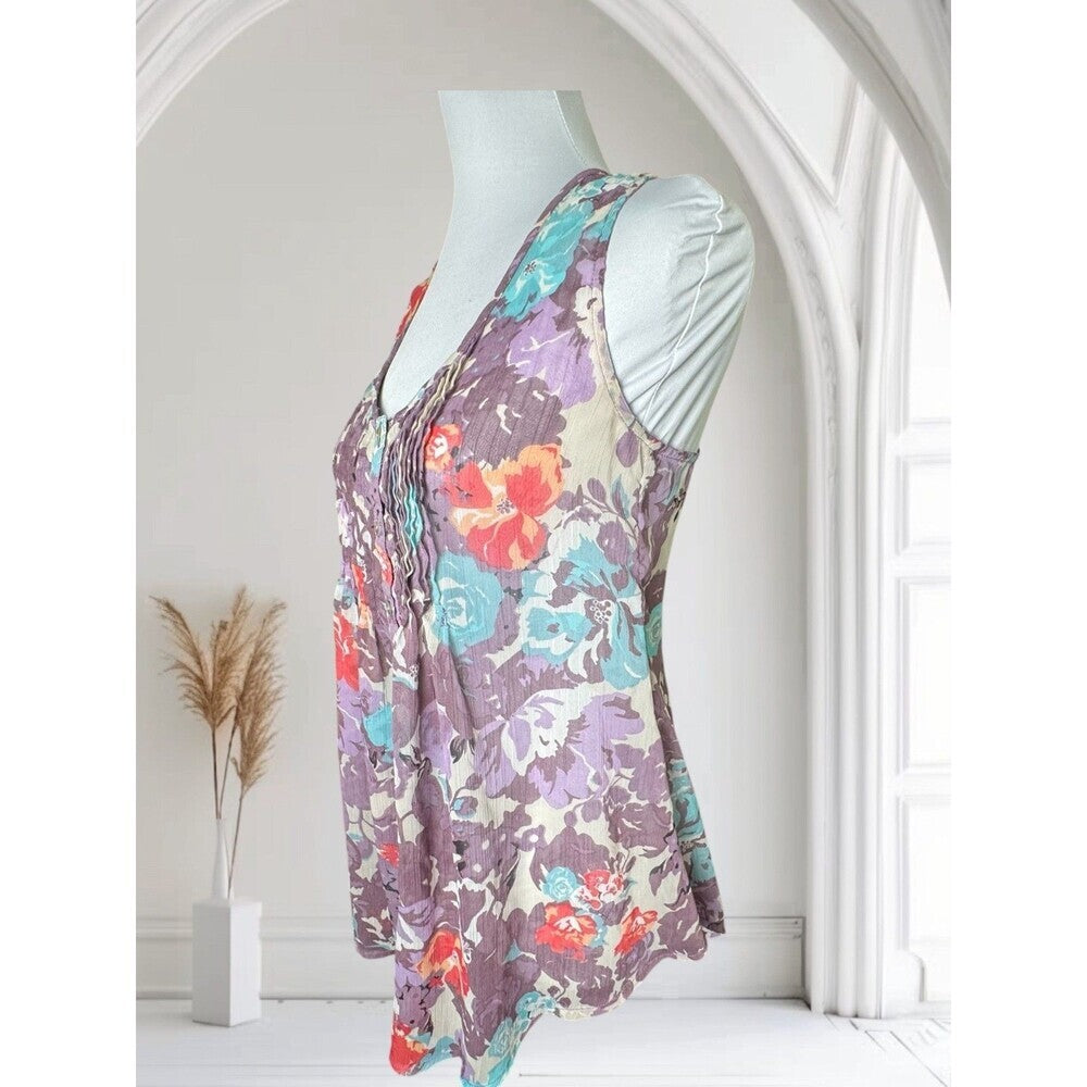 American Rag Cie Blouse Sz S Button Front Multicolor Floral Pintuck Scoop