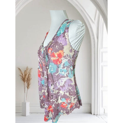 American Rag Cie Blouse Sz S Button Front Multicolor Floral Pintuck Scoop