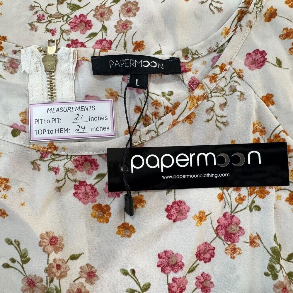 Papermoon Women Sz L Sheer Beige Floral Print Boat Neck Long Sleeve Zipper