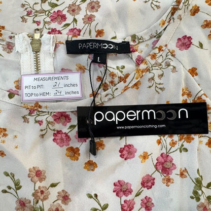 Papermoon Women Sz L Sheer Beige Floral Print Boat Neck Long Sleeve Zipper