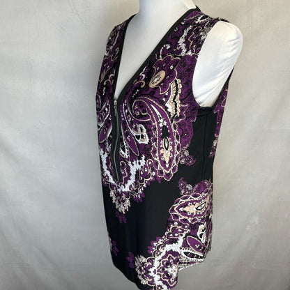 INC Top Sz XS Black with Purple Paisley VNeck Zipper Accent Sleeveless