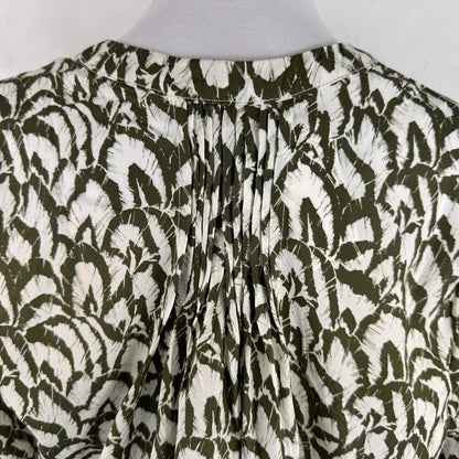 Jachs Girlfriend Blouse Sz S Notch V-Neck hidden button 3/4 sleeve green print