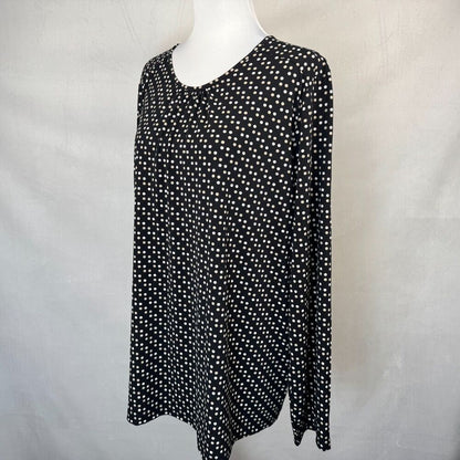 Liz Claiborne Top Sz 2X Black Beige White Polka Dot Long Sleeve Round Neckline