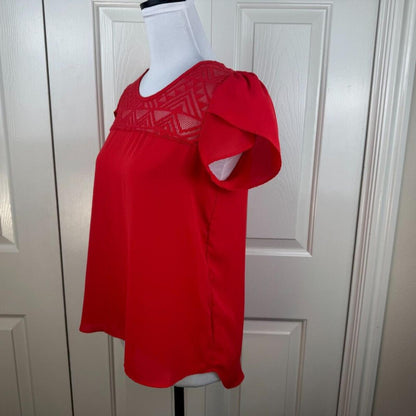 Meraki Womens Blouse Sz S Sheer Red Aztec Mesh Short Sleeve Crew Neck Pullover