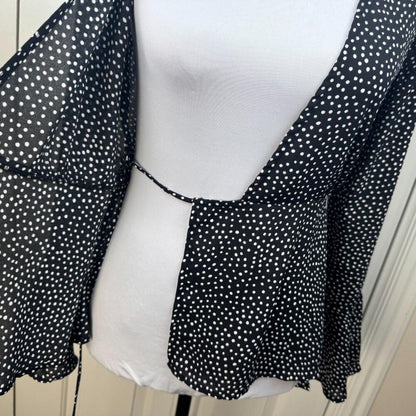 Lulus Women Blouse Sz XS Black White Polka Dot Peplum Wrap Flutter Long Sleeve