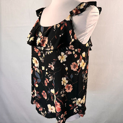 Maurices Floral Tank Sz S Black Peach Yellow Ruffled neck spaghetti straps