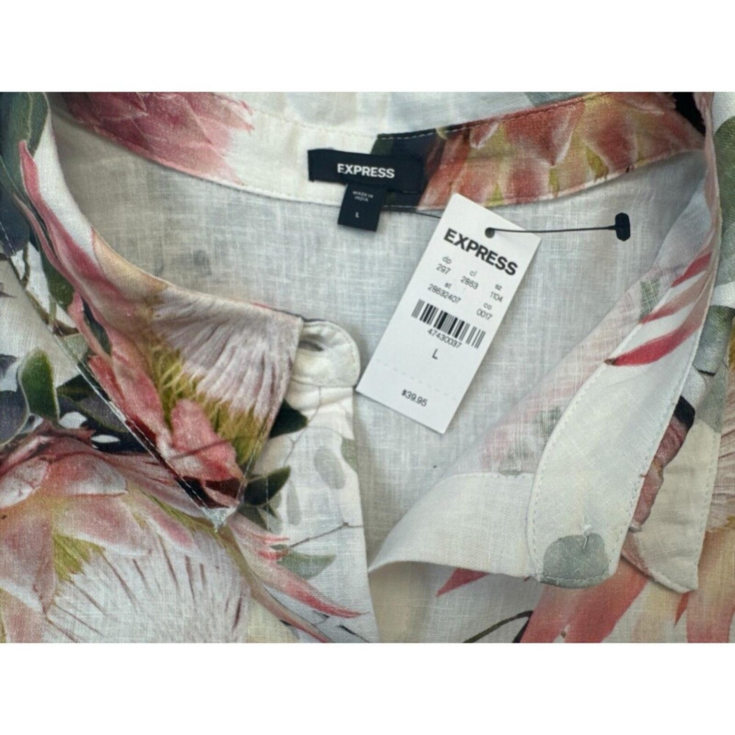 Express Shirt Sz L Ivory Floral Linen-Blend Sleeveless Button Dow Side Slits NWT