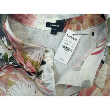 Express Shirt Sz L Ivory Floral Linen-Blend Sleeveless Button Dow Side Slits NWT