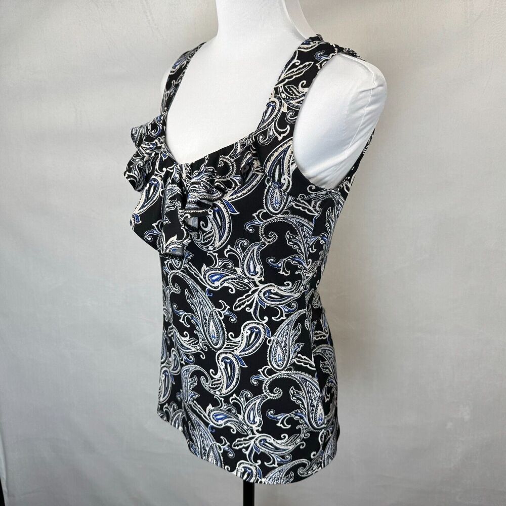 White House Black Market Tank Top Sz S Black Paisley Print Ruffle Scoop Neck