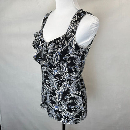 White House Black Market Tank Top Sz S Black Paisley Print Ruffle Scoop Neck