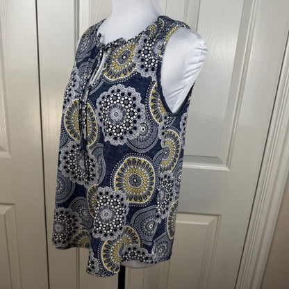 SJS Women Top Sz S Textured Blue White Yellow Paisley Sleeveless  Tie Closure
