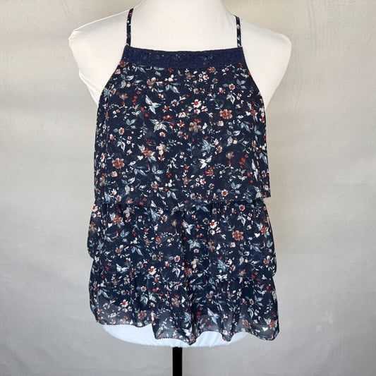 Abercrombie & Fitch Tank Sz S Navy Sheer Floral Ruffled Lace Trim Racerback