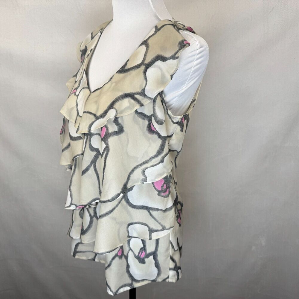 Loft Ann Taylor Beige Top Sz S Ruffled Layers Gray Pink Print VNeck Sleeveless