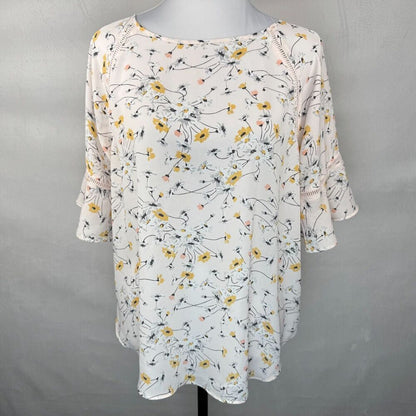 Loft Ladies Blouse Sz M Pink Floral Ruffle 3/4 Length Sleeve Ladder Trim Career