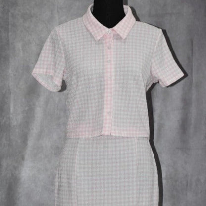Ultra Flirt Two Piece Set Juniors Size L Plaid Pink Short Sleeve Button Down NWT