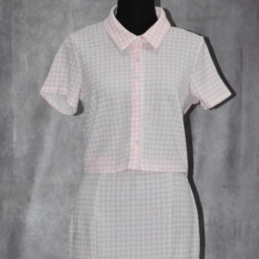 Ultra Flirt Two Piece Set Juniors Size L Plaid Pink Short Sleeve Button Down NWT