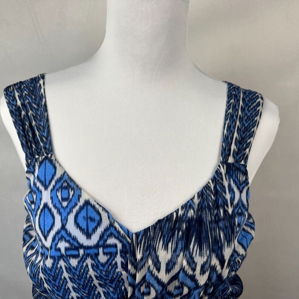 INC Women Tank Top Sz L Mesh Blue Geometric Print Black White V-Neck