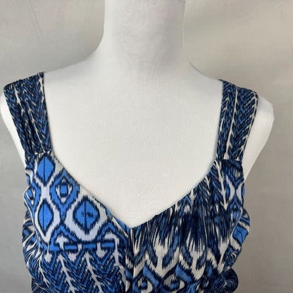 INC Women Tank Top Sz L Mesh Blue Geometric Print Black White V-Neck