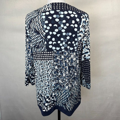 Chico's Tunic Sz 1 Blue Round Neck Geometric Print 3/4 Length Sleeve Side Slits