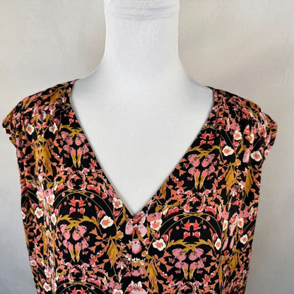 Roan Ryan Blouse Sz S Black Floral VNeck Sleeveless Elastic Waistline