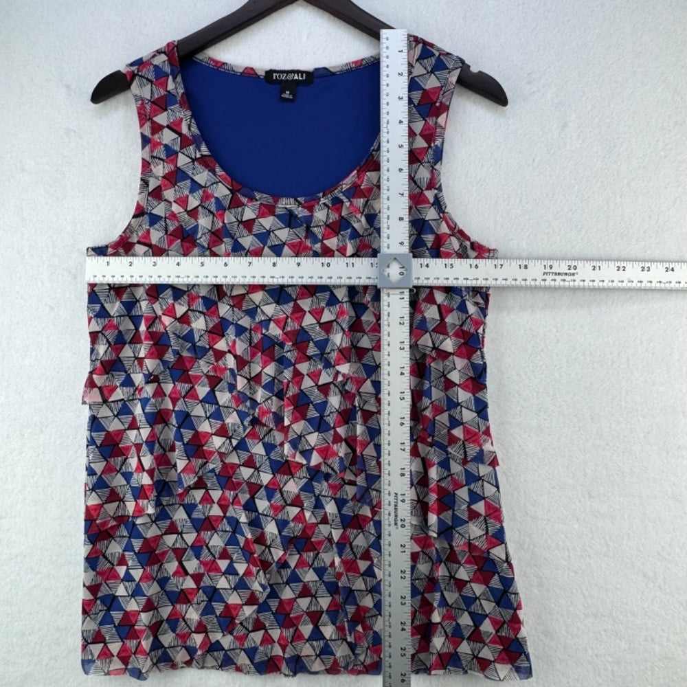 Roz Ali Blouse Women Sz M Tiered ruffle sleeveless triangle print blue red gray