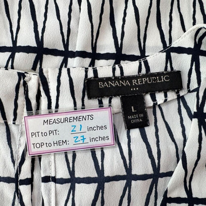 Banana Republic Top Sz L White Black Geometric Print VNeck Sleeveless Fringe Hem
