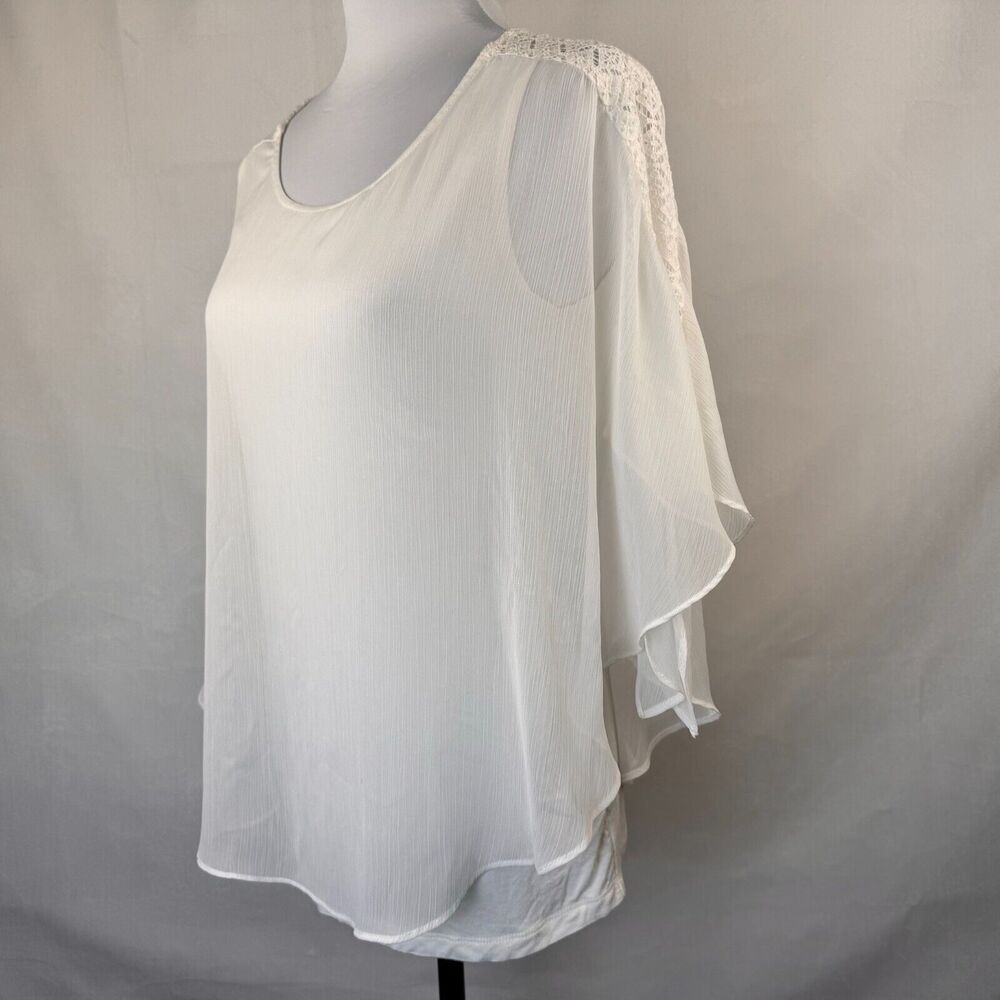 Alyx Ladies Sz S Overlay Sheer Blouse Paper White Batwing Lace Detail Tie Sleeve