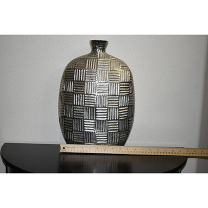 Geometric Textured Oval Metal Vase Silver Gray 15" Modern Home Decor Made in India