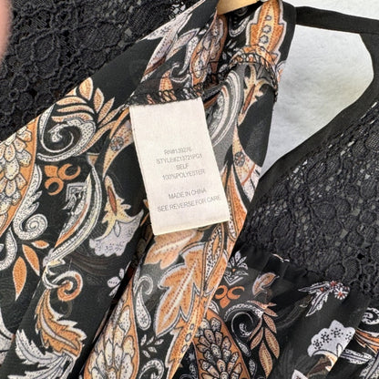 Daniel Rainn Ladies Blouse Sz L Sheer Black Tan Gray paisley Lace neckline