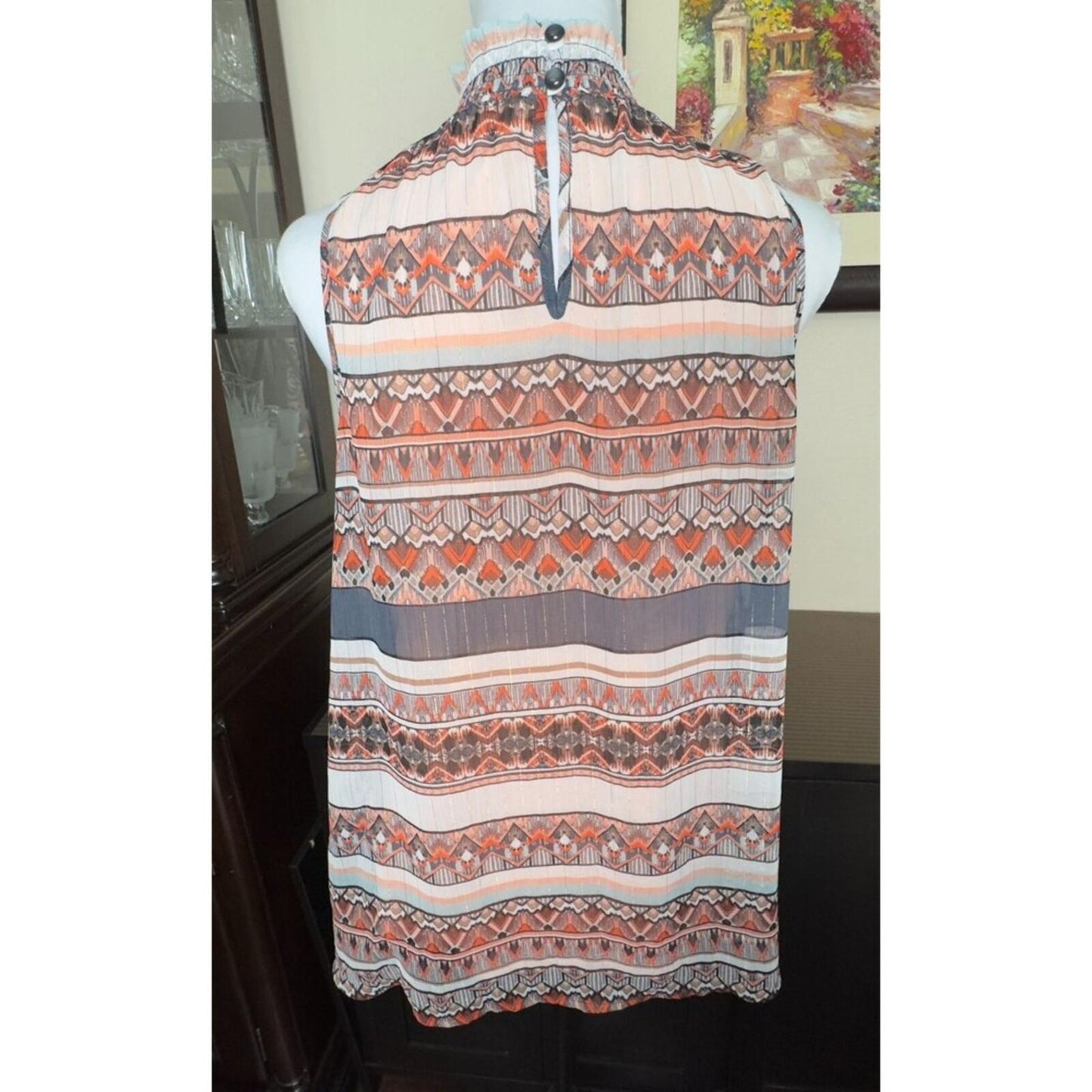 By & By Top Sz XL Sheer Ruffled High Neck Sleeveless Peach Gray Lined