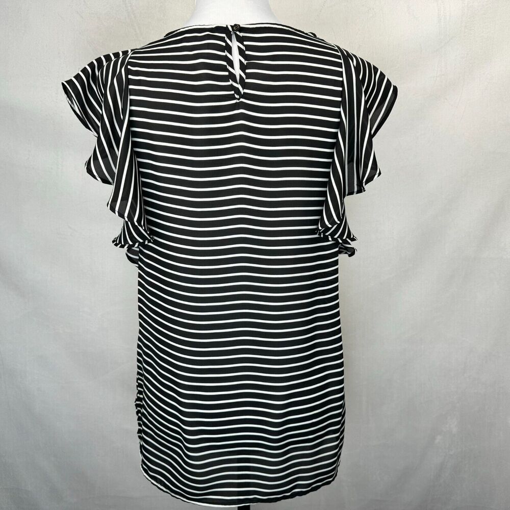 Elle Top Sz XS Flutter Sleeve Black White Stripes Round Neck Keyhole Side Slits