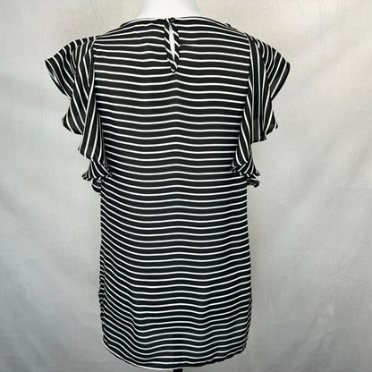 Elle Top Sz XS Flutter Sleeve Black White Stripes Round Neck Keyhole Side Slits