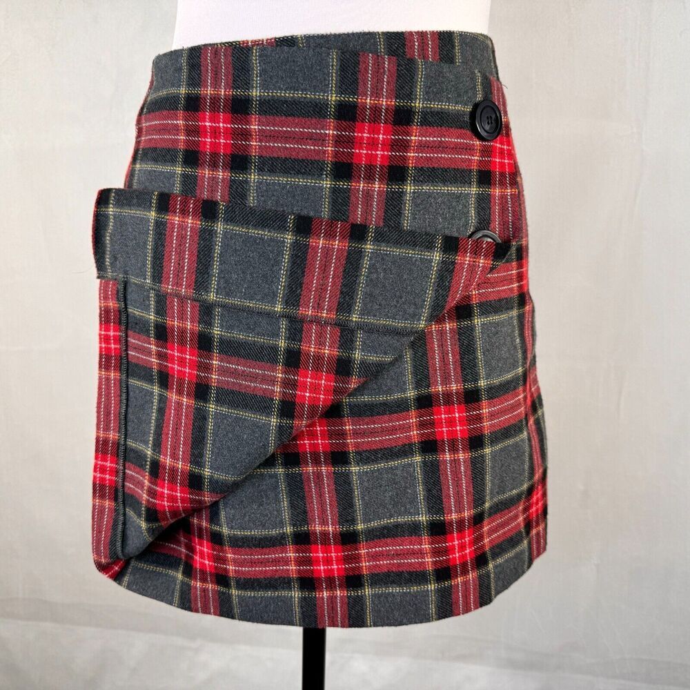 H&M Skirt Sz 4 Plaid Faux Wrap Red Gray Black Plaid Skirt A-Line