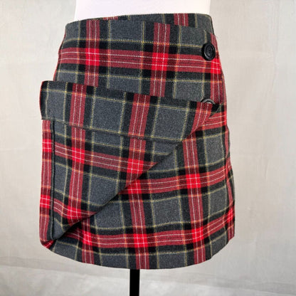 H&M Skirt Sz 4 Plaid Faux Wrap Red Gray Black Plaid Skirt A-Line
