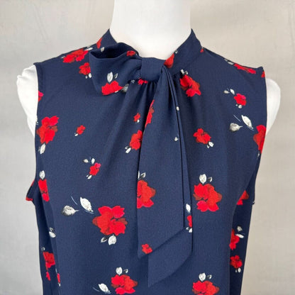 Elle Women Sz S Blouse Navy Floral Hi Neck Tie Keyhole Back Sleeveless