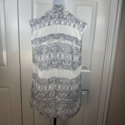 CAbi Scrollwork Tunic Blouse Women Sz S Ivory Semi Sheer Sleeveless VNeck